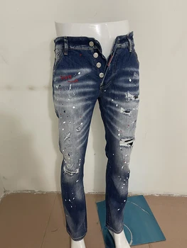 2023 весна и осень, новый стиль, джинсы D2, мужские, выстиранные, с дырками, заплатка, краска с микро-пулевой вышивкой, прямые синие джинсы, мужские,