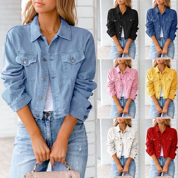 2023 Женская осенне-зимняя новая джинсовая куртка, однотонный тонкий топ с длинными рукавами, куртки для женщин