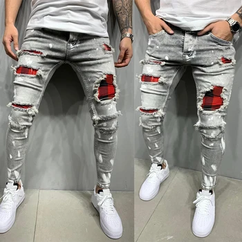 2023 Новые синие рваные джинсы в стиле хип-хоп, джинсовые мужские брюки, трендовые разрушенные черные облегающие брюки для ног, мужские джинсы с краской