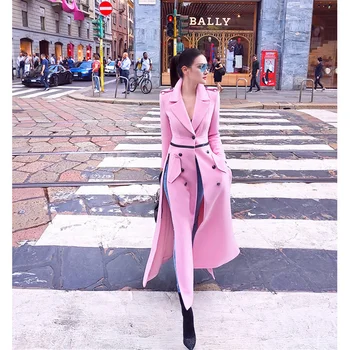2023 Осенне-зимняя женская новая куртка с длинными рукавами и лацканами с разрезом, Модный Темперамент, тонкая талия, Удлиненный Розовый жакет, шерстяное пальто