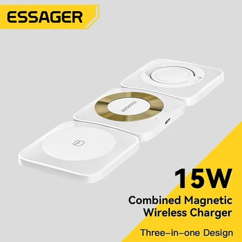 Essager 3 в 1 Магнитная Беспроводная Подставка для зарядного устройства Мощностью 15 Вт, док-станция для Быстрой зарядки iPhone14 13 12 Pro Max, Apple Watch 8 7 AirPods