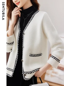Sentubila, контрастный белый пушистый вязаный кардиган, куртки для женщин, Однобортное Прямое пальто с V-образным вырезом и длинным рукавом
