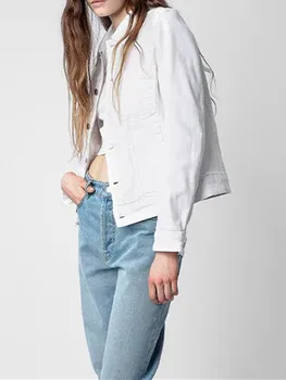 Женское белое джинсовое короткое пальто с вышивкой букв сзади, отложной воротник, Длинный рукав, Однобортный пиджак 2023, Весна-осень