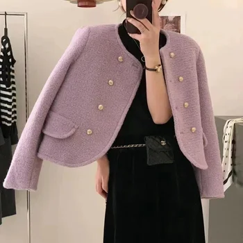 Зима 2023, Хлопковая куртка с круглым вырезом, Женское Двубортное Красно-Фиолетовое Высококачественное Женское пальто