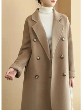 Зимнее Высококачественное Новое Двустороннее кашемировое пальто 2023, Женское Шерстяное Пальто из чистой шерсти, Длинное двубортное зимнее женское пальто, теплое