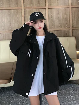 Куртки Карго в полоску в стиле Харадзюку в стиле ретро Bf, Модное Свободное женское бейсбольное пальто Оверсайз, Корейская повседневная верхняя одежда с длинными рукавами