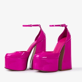 Летние женские модельные туфли с ремешками на щиколотках, Лакированные Босоножки на высоком массивном каблуке и толстой платформе, Атласные туфли-лодочки с пряжками нестандартных цветов