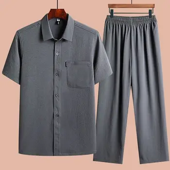 Летняя высококачественная рубашка из ледяного шелка 2023, свободная рубашка, летняя одежда, мужские повседневные брюки с коротким рукавом, однотонный костюм из двух предметов