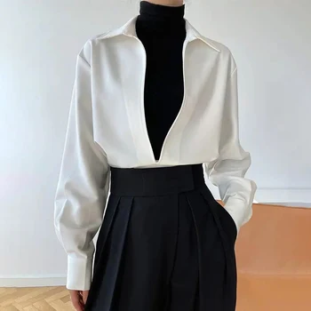 Лето 2023, новая однотонная рубашка с длинными рукавами и лацканами, мужская французская нейтральная Элегантная деловая блузка в стиле ретро с глубоким V-образным вырезом, нишевая деловая блузка, одежда