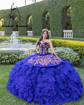 Мексиканское Королевское Синее Бальное платье в форме сердца, Пышные платья для девочек, Расшитые бисером аппликации, оборки, платья для вечеринки по случаю Дня рождения, на шнуровке сзади