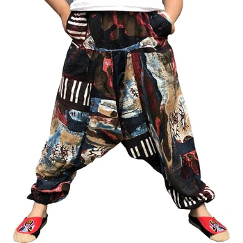 Мешковатые хлопчатобумажные Льняные Мужские и женские Шаровары в стиле хип-хоп, Широкие брюки, Повседневные Свободные Винтажные брюки в непальском стиле, Pantalon Hombre