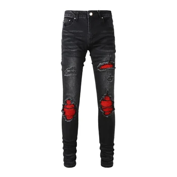 Модная Уличная одежда, мужские джинсы в стиле Ретро, черные, серые, эластичные, приталенные, рваные джинсы, мужские брюки с красной нашивкой, дизайнерский бренд в стиле хип-хоп, Hombre