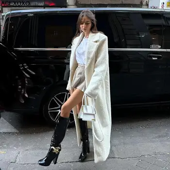 Модное шерстяное пальто высокого класса с длинными рукавами 2023 года, удобное женское шерстяное пальто с отворотом