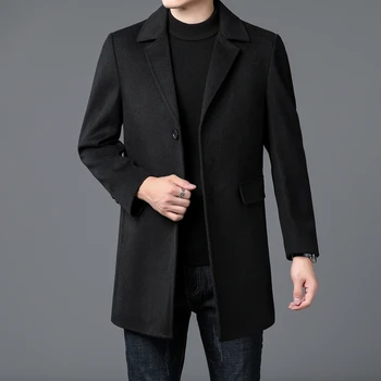 Мужское черное серое пальто из овечьей шерсти с зубчатым воротником, Однобортное кашемировое пальто, мужская классическая одежда 2023
