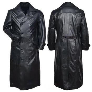 Немецкая классическая военная форма офицера Второй мировой войны, черная ветровка, кожаная куртка большого размера, мужское кожаное пальто