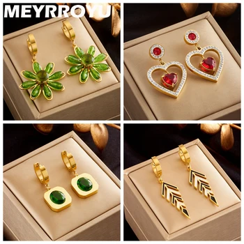 Нержавеющая сталь MEYRROYU 316L, Винтажные Зеленые, красные Серьги-кольца с кристаллами HeartFlower для женщин, Эффектные ювелирные изделия, подарок для вечеринки, Brincos