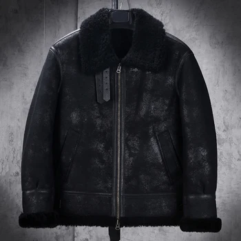 Новая Мужская куртка из овчины B3, Черная кожаная куртка, Короткое меховое пальто, Модная мотоциклетная куртка, утепленная шуба из овчины