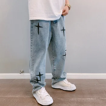 Новые корейские мужские модные Весенне-осенние брюки в стиле хип-хоп, прямые Свободные широкие брюки, Джинсы с вышивкой