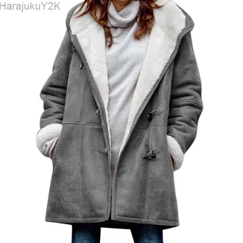 Пальто, женская куртка, Карманы с пряжкой из коровьего рога, однотонное пальто с капюшоном на флисовой подкладке, женская верхняя одежда, зимняя одежда Для женщин