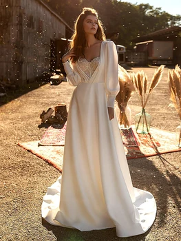 Свадебное платье с V-образным вырезом, расшитое бисером, Длинные рукава, Винтажное Элегантное Свадебное платье с глубоким вырезом 2021, Пляжное Свадебное платье Vestido De Noiva