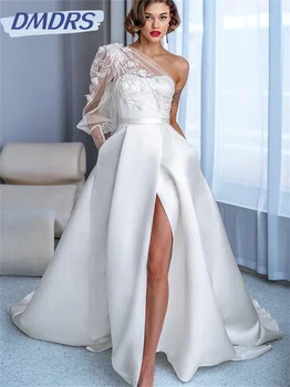 Скромное Элегантное Свадебное платье на одно плечо, Простые Свадебные Платья С Кружевной Аппликацией, Сексуальные Платья С разрезом сбоку, Vestido De Novia